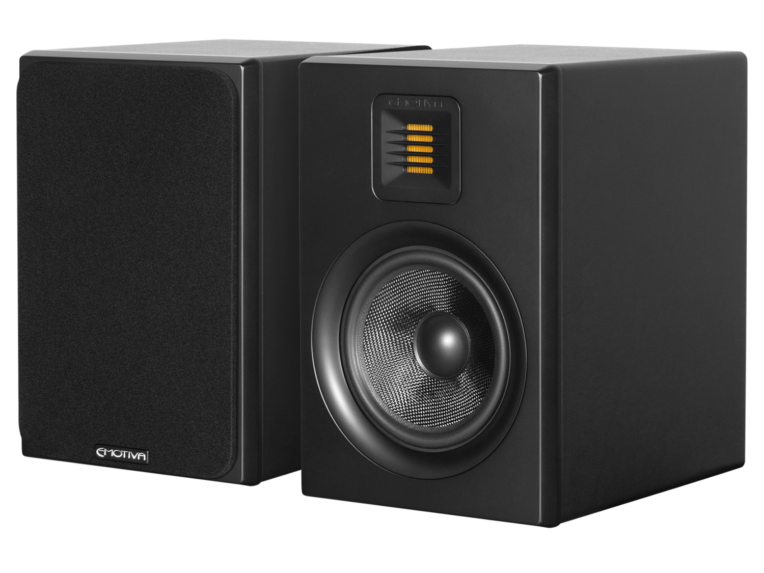 A pair of the Airmotiv XB2 black bookshelf loudspeakers with visible tweeter and woofer.