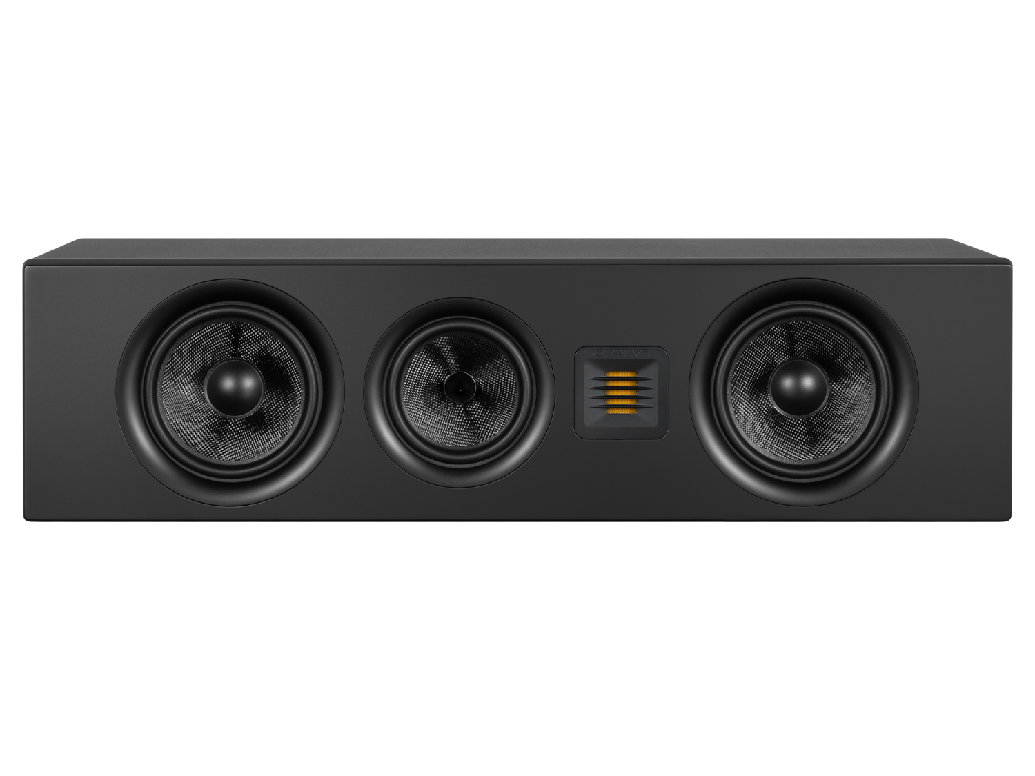 A black Airmotiv XC2 center channel loudspeaker with three woofers and a tweeter