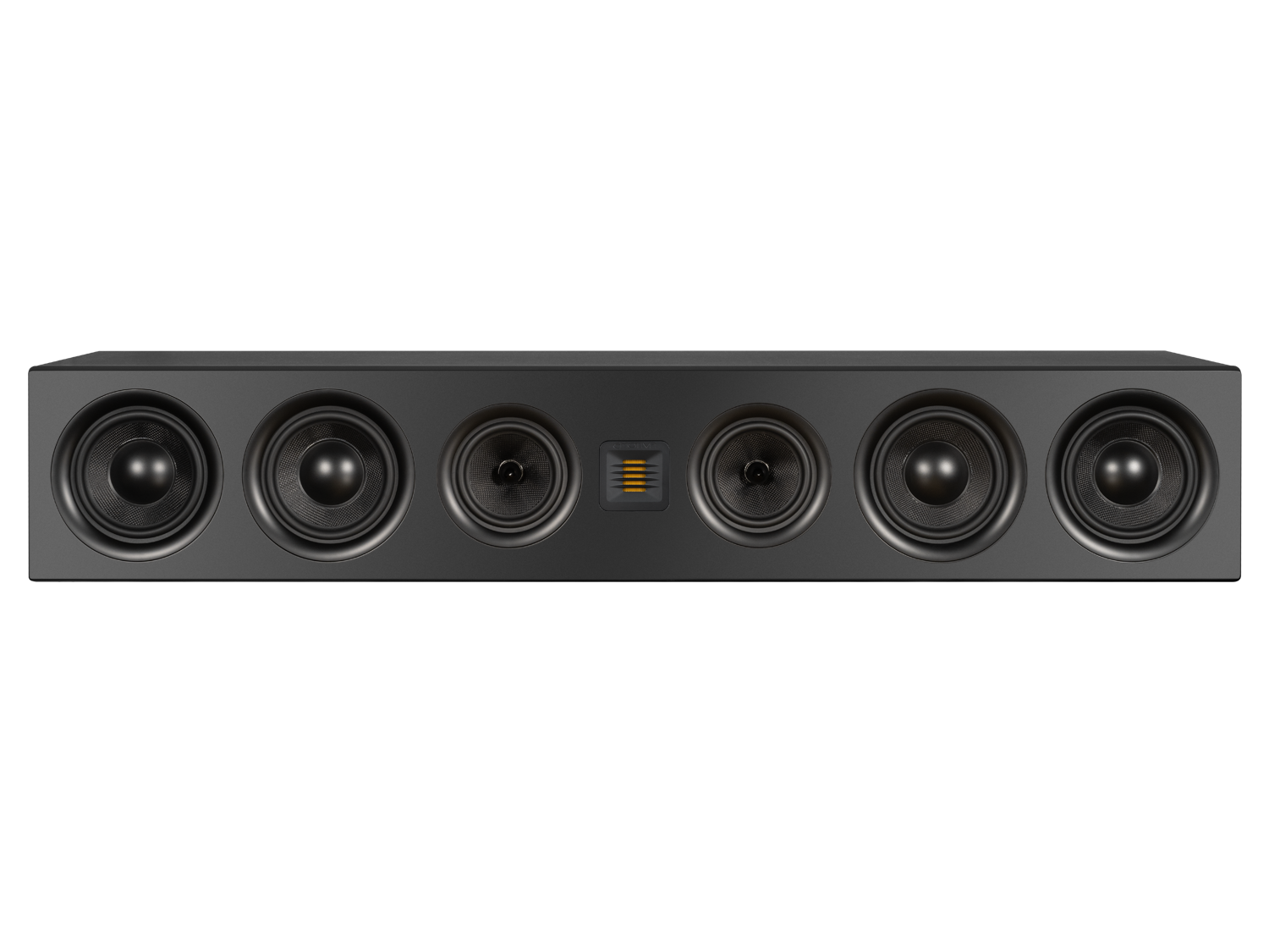 A black, large format, three-way Airmotiv XC3 center channel loudspeaker with multiple woofers and a ribbon tweeter.