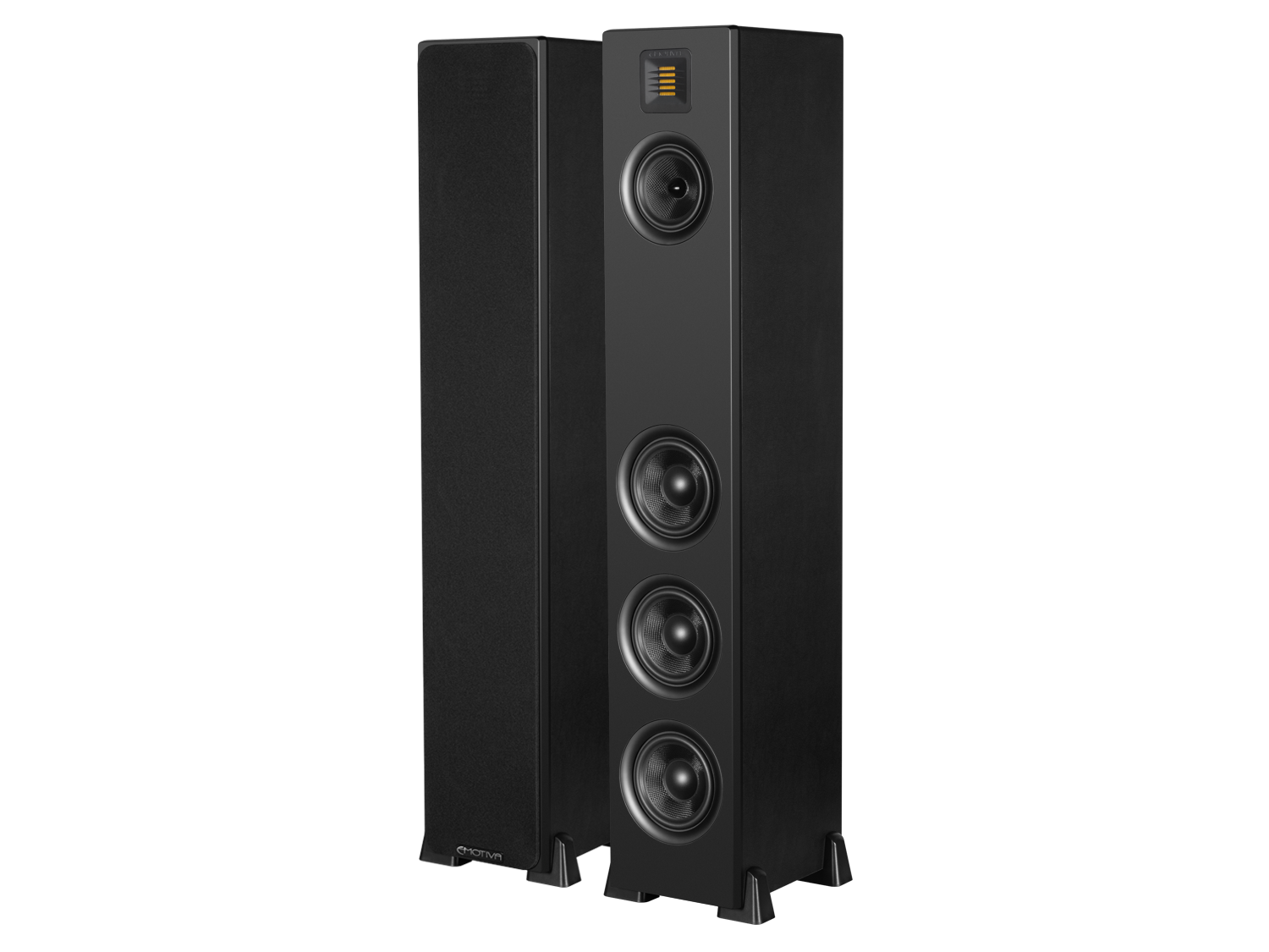 A pair of Airmotiv XT1 black floor standing tower loudspeakers with multiple driver units visible.