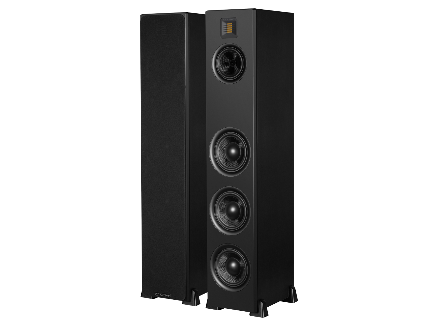 A pair Airmotiv XT1 black floor-standing tower loudspeakers with multiple driver units visible.