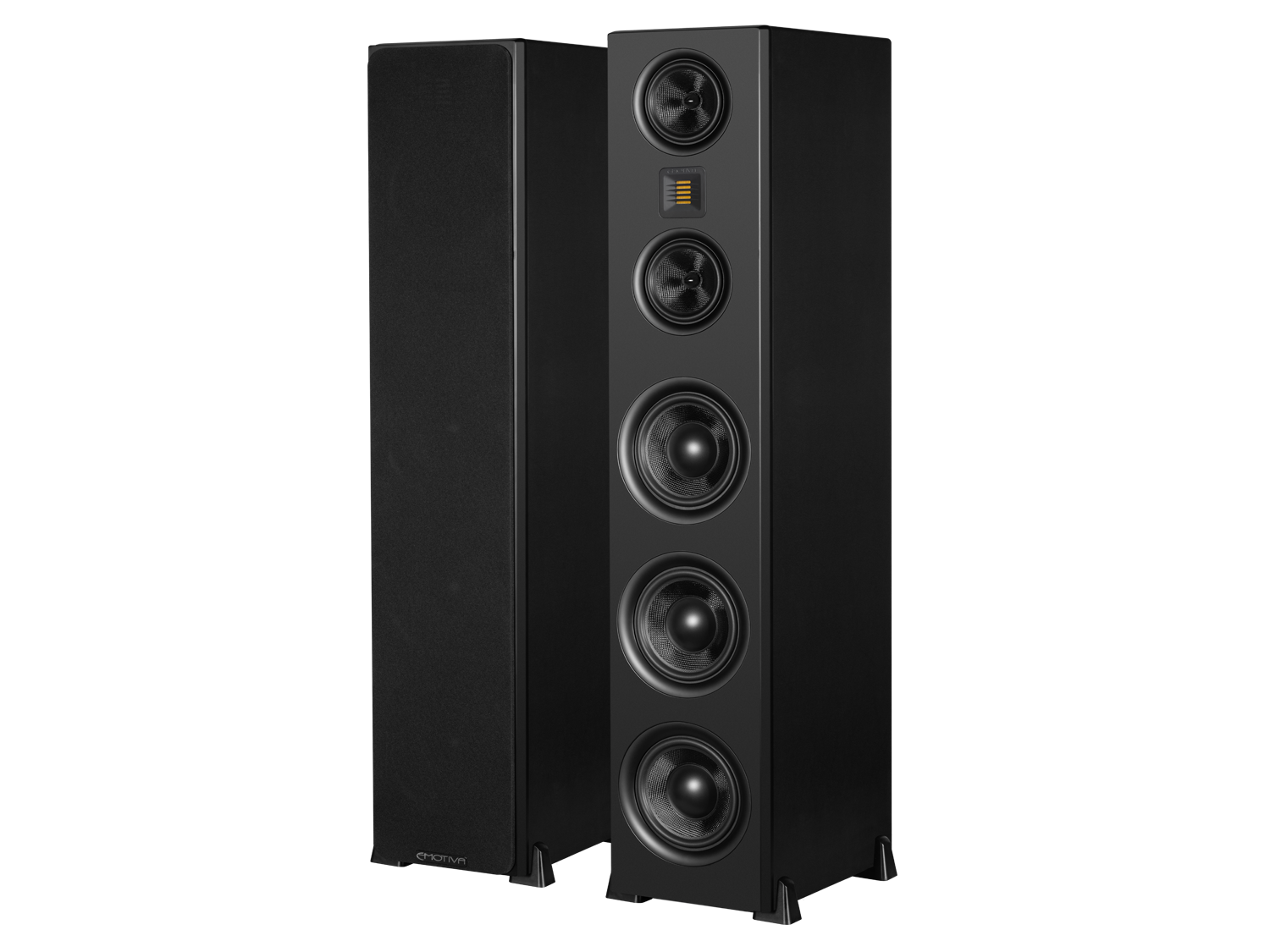 A pair of black Airmotiv XT3 floorstanding tower loudspeakers with multiple drivers visible on the front panel.