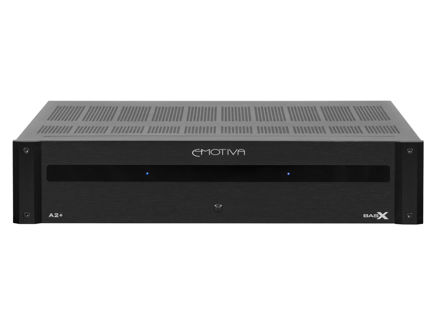 Black BasX A2+ Amplifier with 'Emotiva' branding on a white background