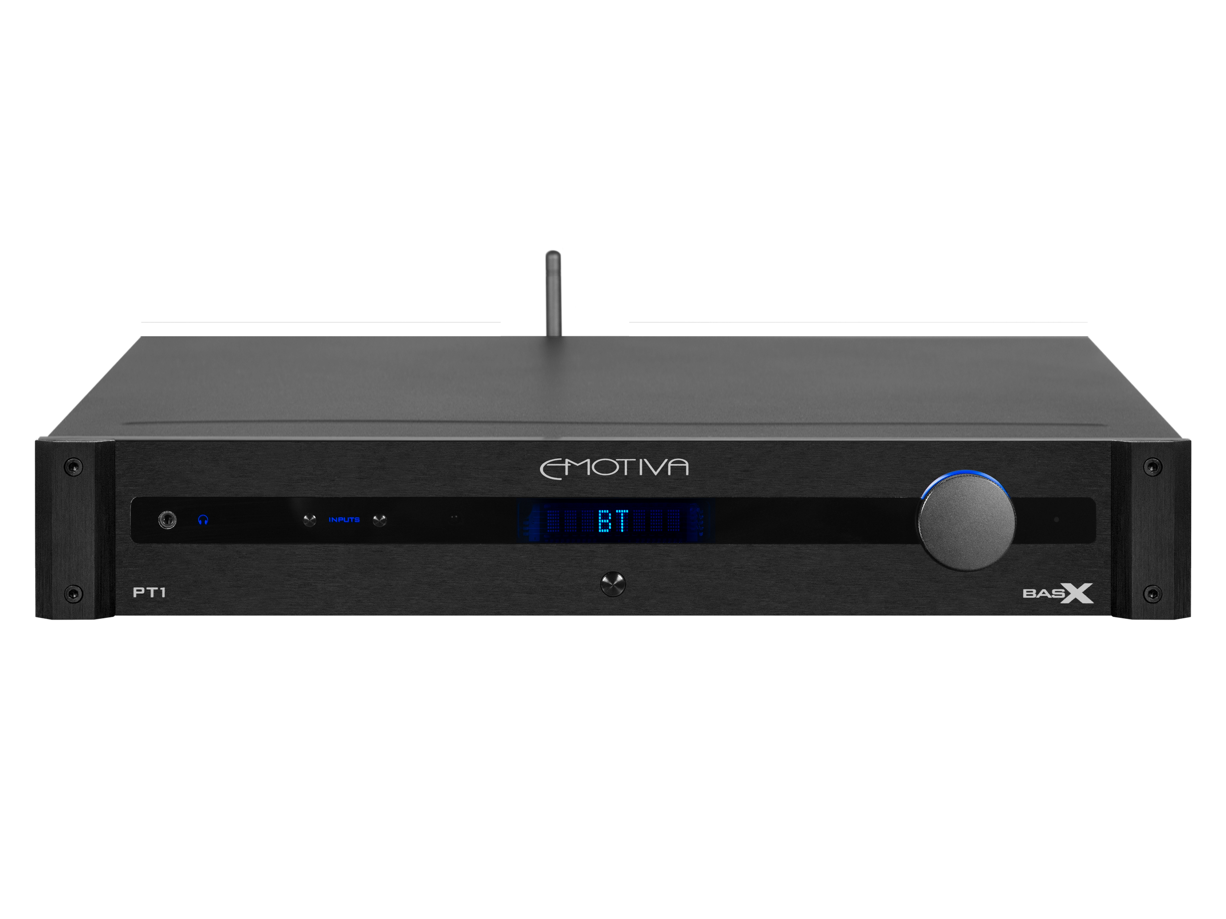 A black BasX PT1 Stereo Preamplifier/DAC/Tuner with a front display and a large volume knob.