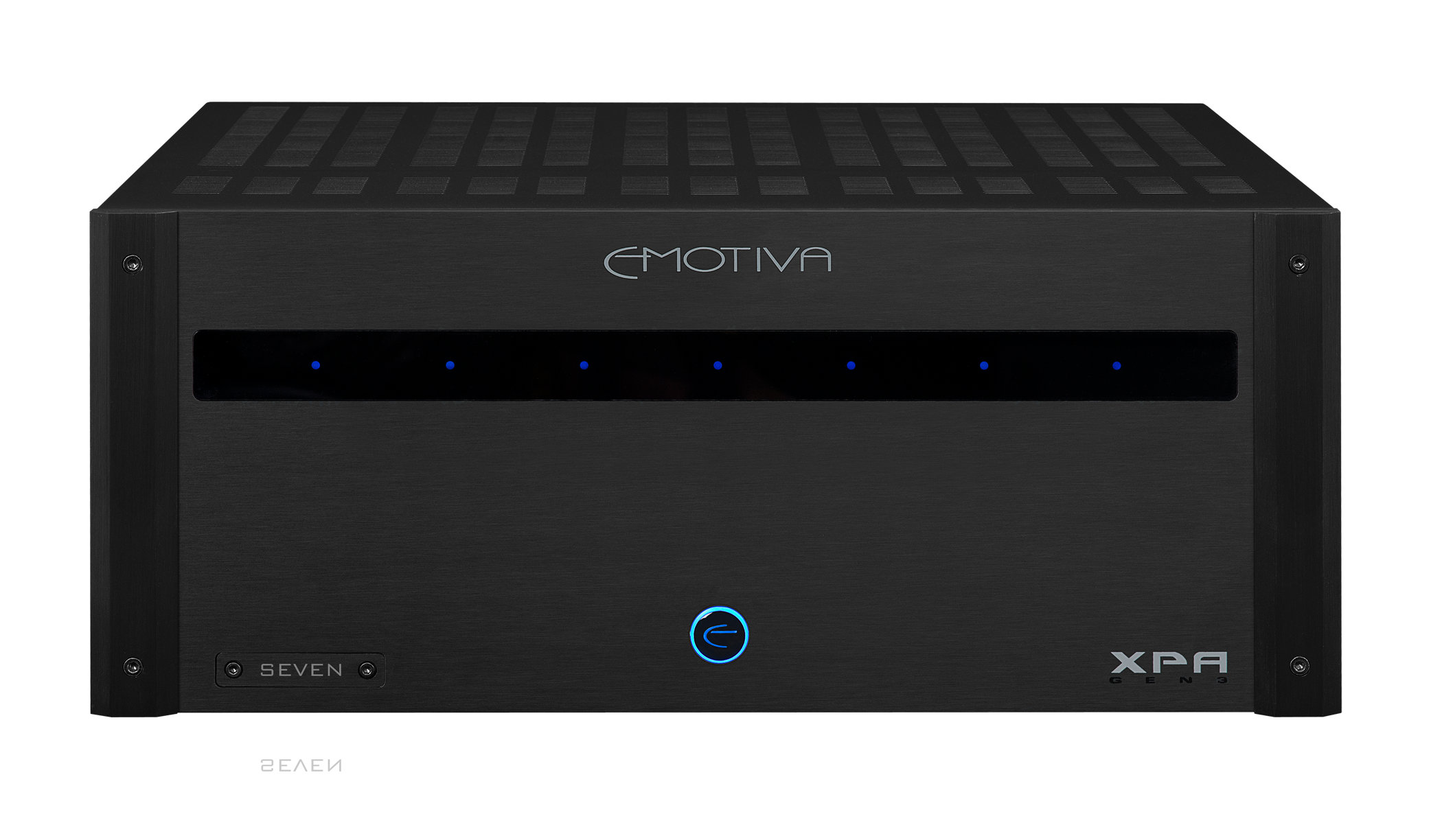 A black Emotiva XPA-7 Gen3 7 Channel Audiophile Home Theater Power Amplifier with blue LED indicators.