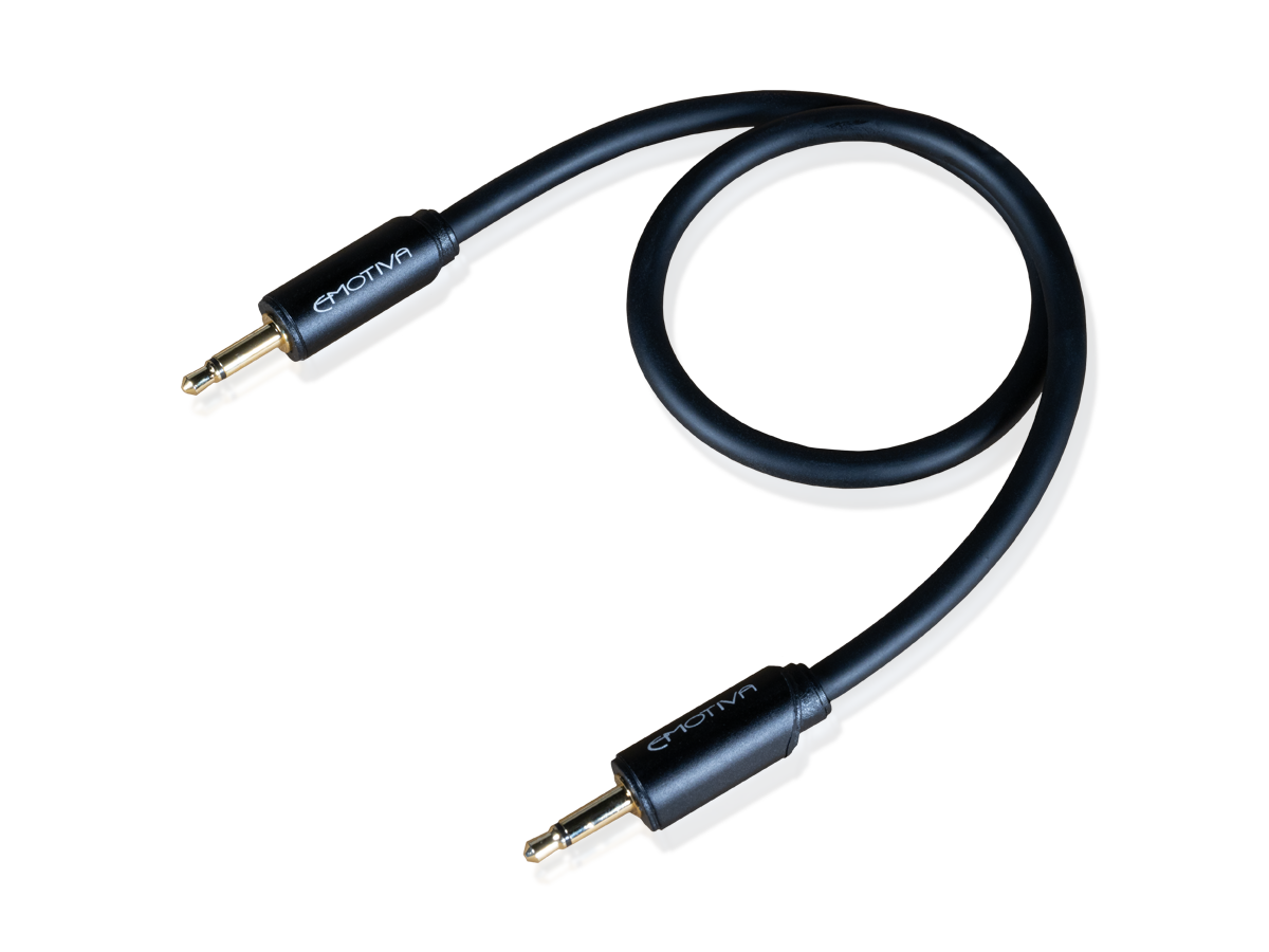 Black audio cable with 3.5mm plugs on a white background