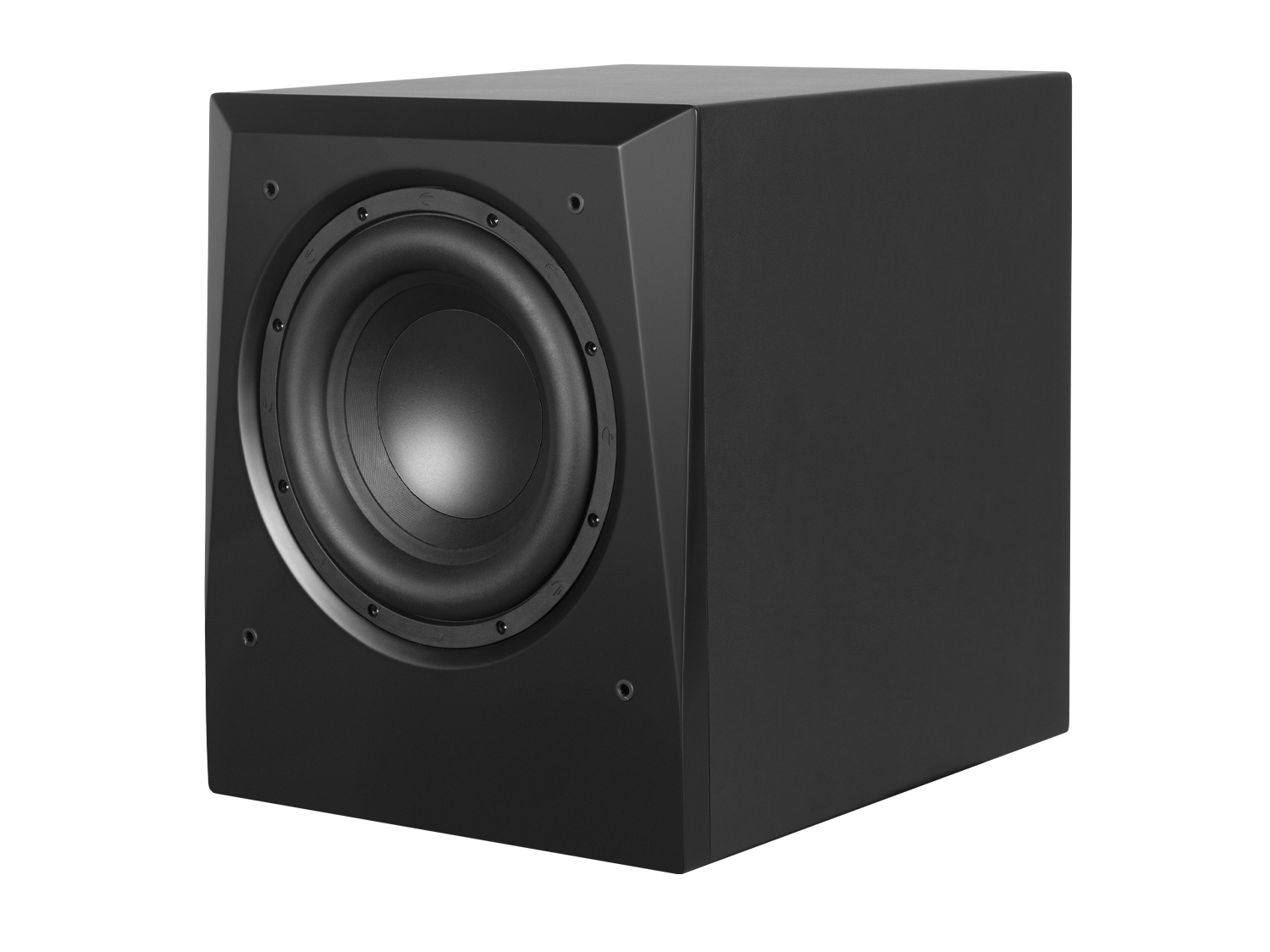 A black Airmotiv XS12 powered subwoofer by Emotiva with its front-firing woofer visible.