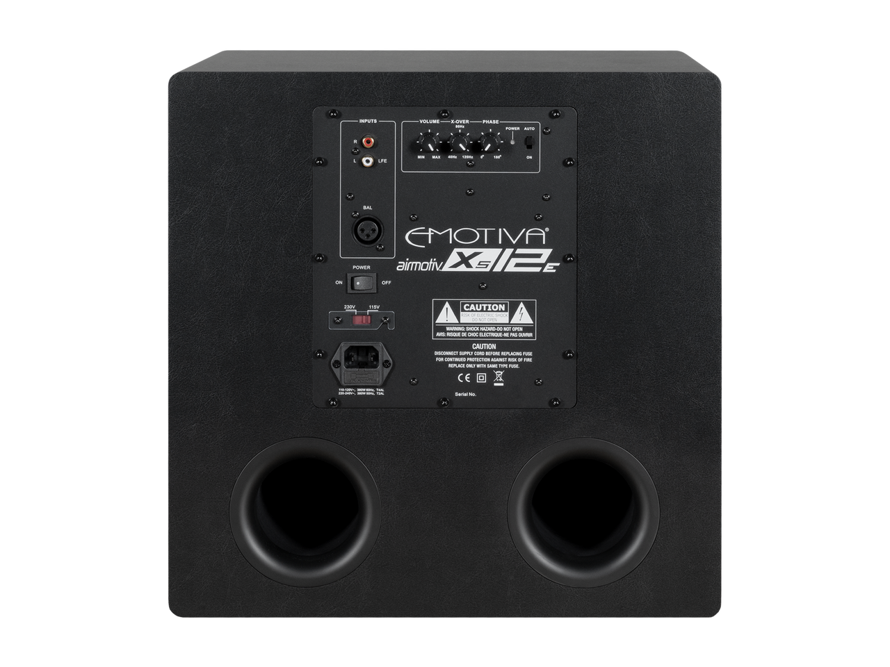 Black subwoofer with Emotiva branding on a white background