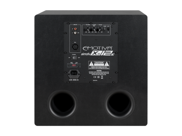 Black subwoofer with Emotiva branding on a white background