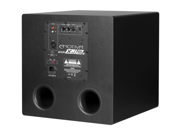 Black subwoofer with 'Emotiva' branding on a white background