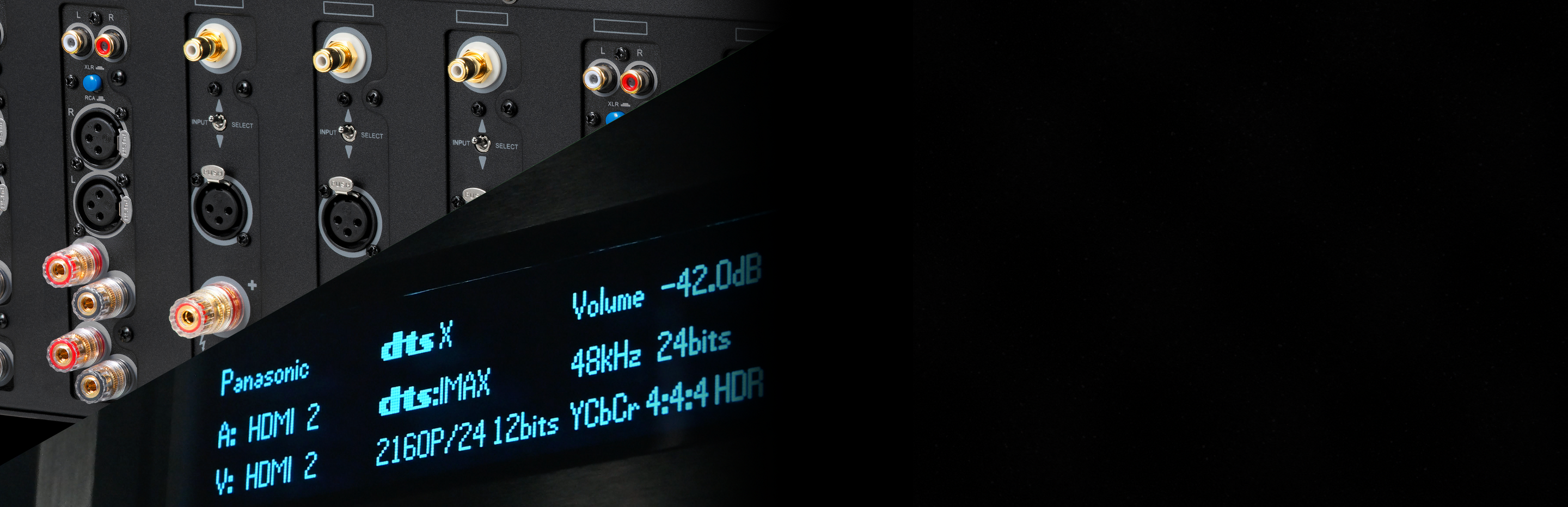 Sound equipment with digital display showing audio settings on a black background