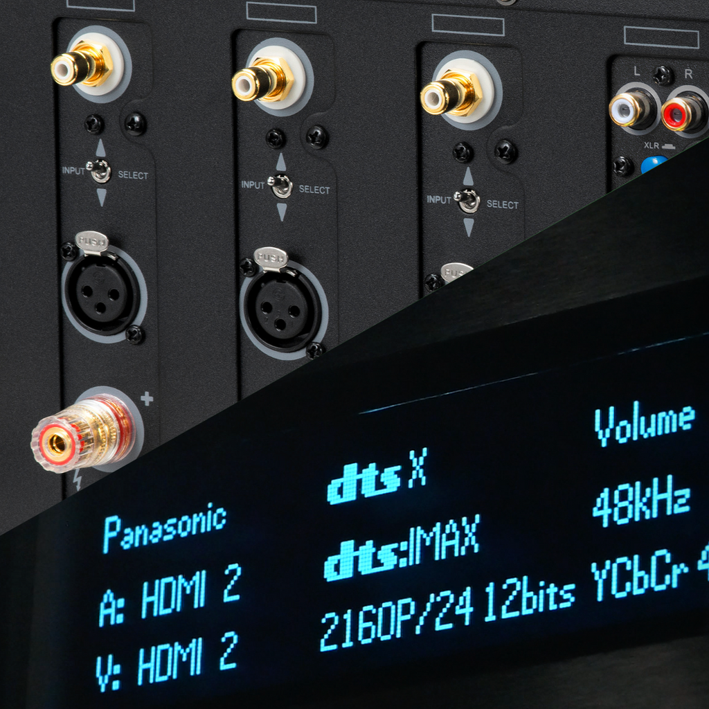 Close-up of audio/video equipment with digital display showing connection details.