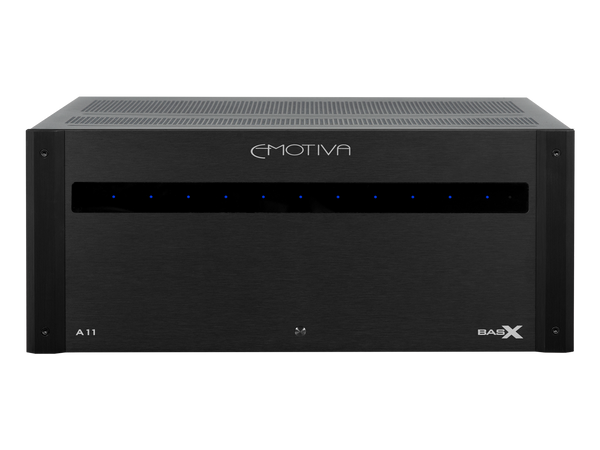 A black BasX A11 Eleven-Channel Power Amplifier by Emotiva with LED indicators and brand logos.