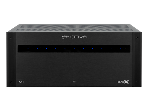 Black eleven-channel power amplifier with 'Emotiva' and 'BasX A11' branding on the front.