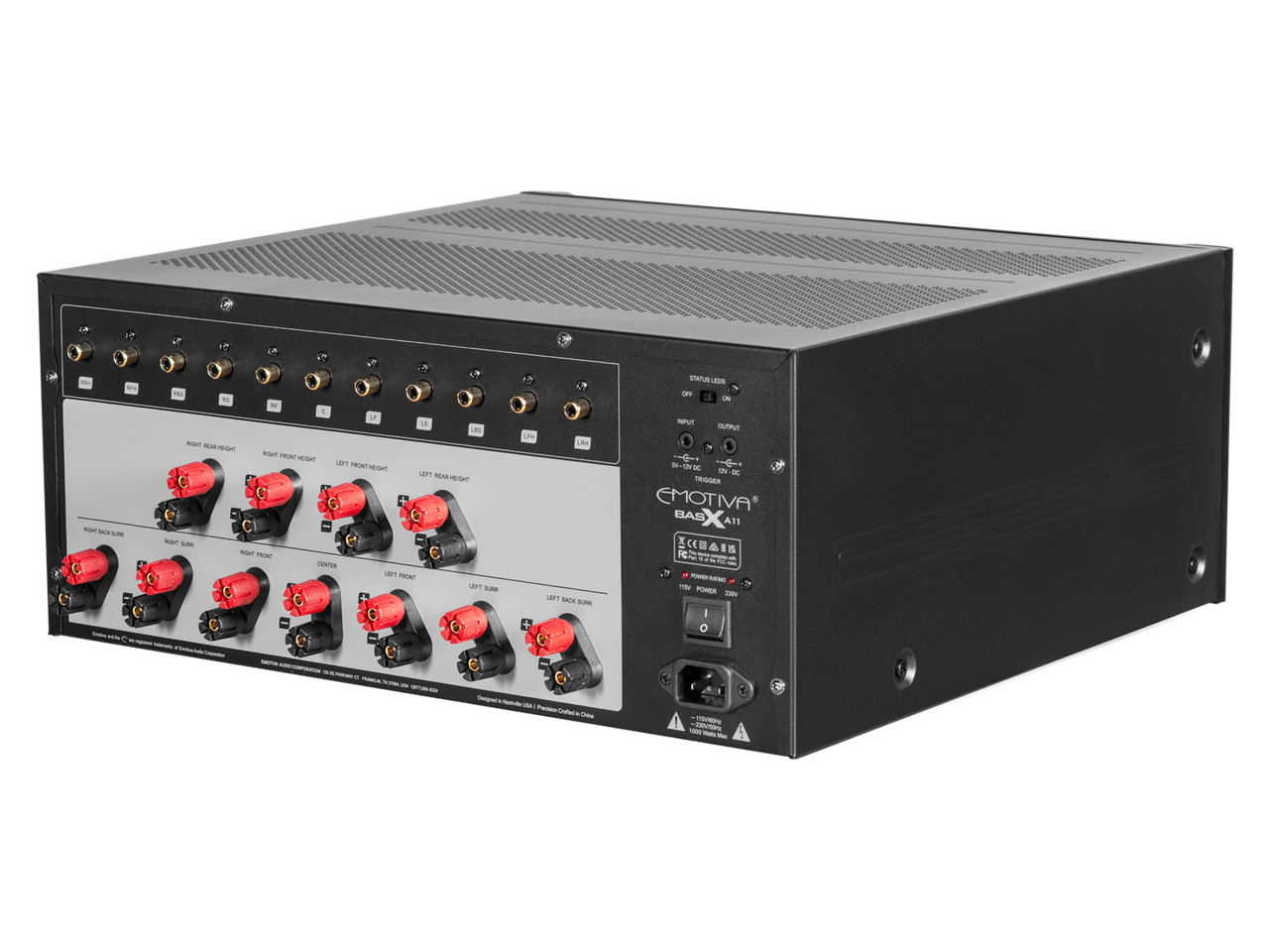 Photo of rear panel of the BasX A11 amplifier showing various inputs and outputs