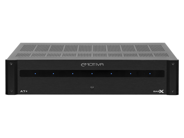 photo of the front of the BasX A7+ amplifier with 'Emotiva' branding and blue lights