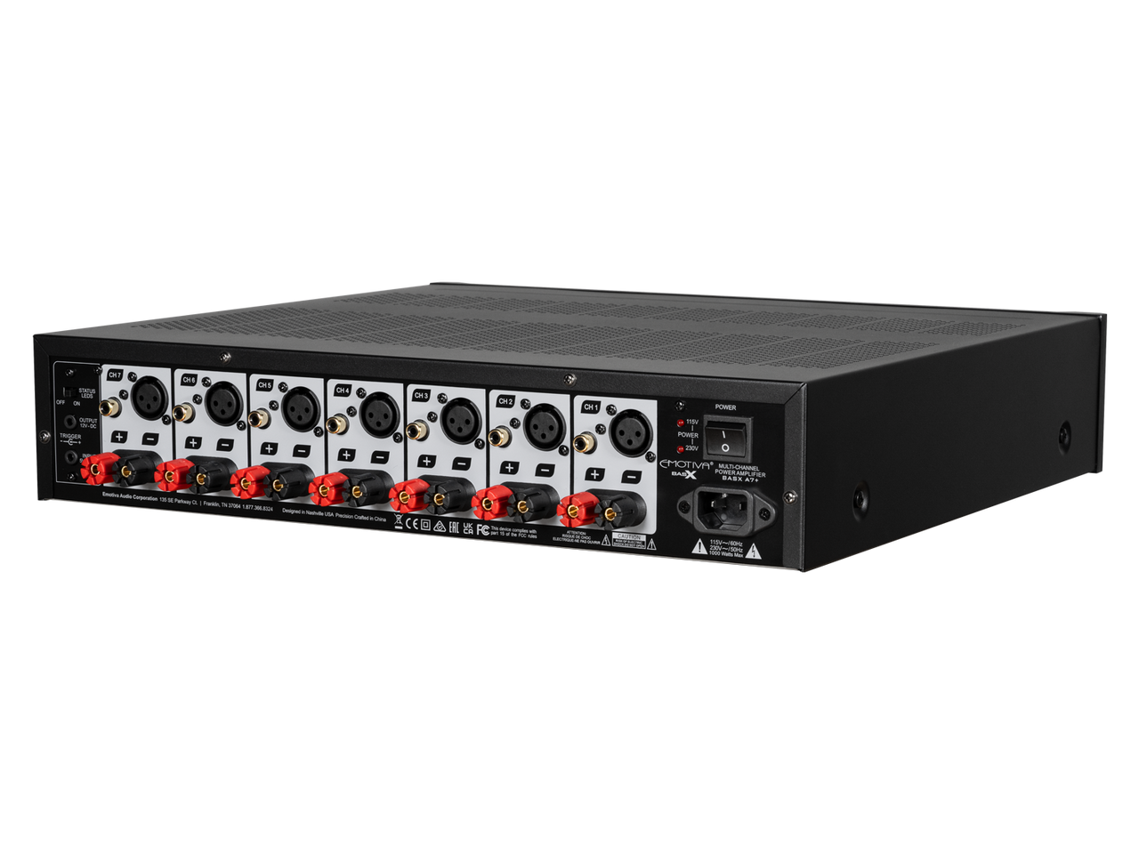 Back view of the BasX A7+ amplifier with various connectors on a white background