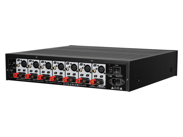 Back view of the BasX A7+ amplifier with various connectors on a white background