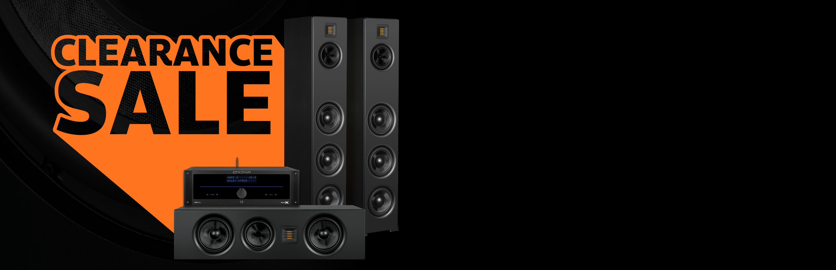 Home theater system with 'Clearance Sale' text on an orange and black background