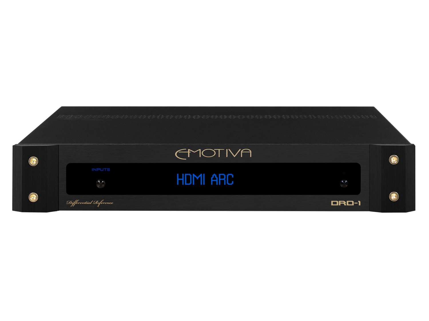 Black audio component with 'Emotiva' branding on a white background