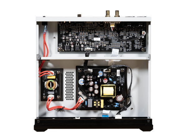 Electronic device with visible circuit board and components on a white background