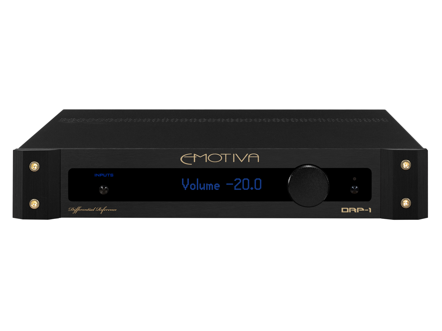 Black audio amplifier with digital display and Emotiva branding on a white background