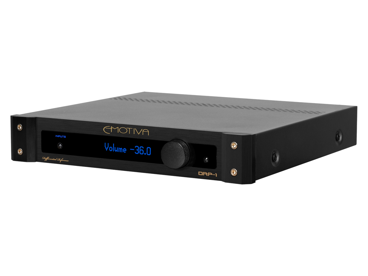 Black audio amplifier with digital display on a white background