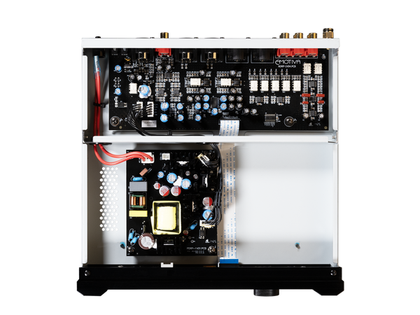 Electronic amplifier with visible circuit boards on a white background