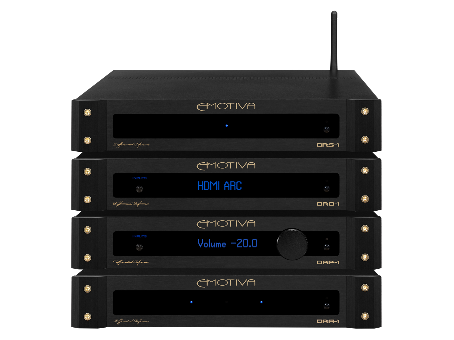 Stack of black electronic devices with 'emotiva' branding on a white background