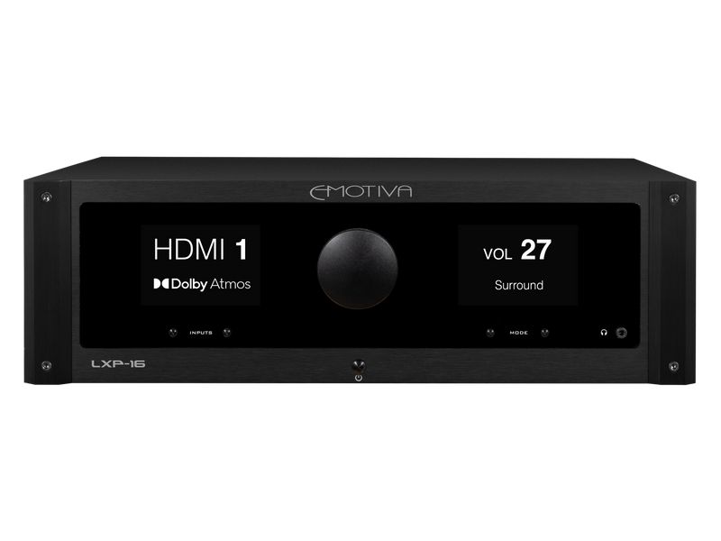 Emotiva LXP-16 HDMI receiver in matte black, featuring dual digital display screens showing HDMI 1 and Dolby Atmos information, with a central volume knob.