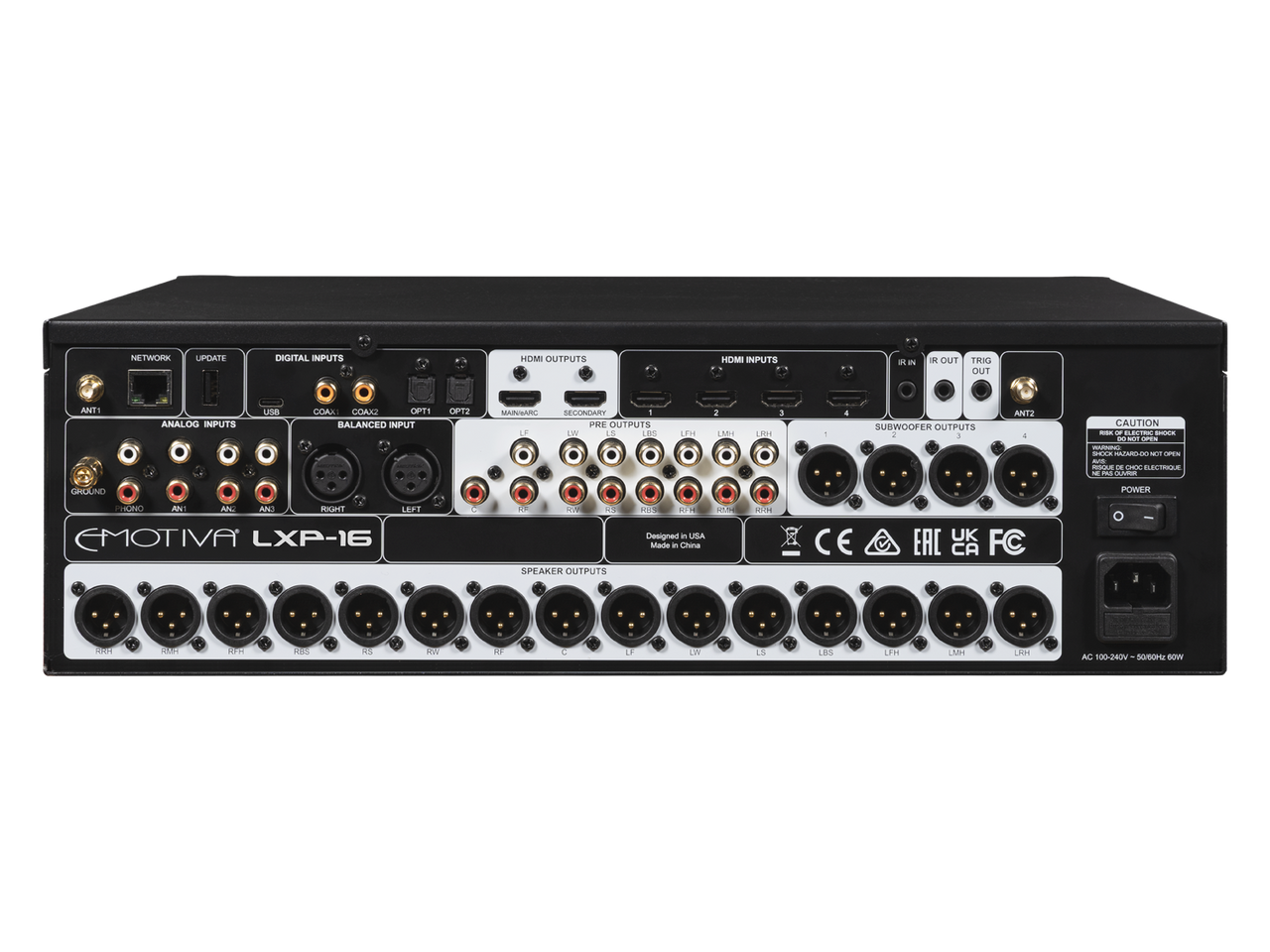 The rear panel of an Emotiva LXP-16 audio power amplifier, featuring numerous input and output jacks, connectors, and labels on a black chassis against a white background.