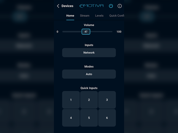 A dark mobile app interface showing device settings under the brand name EMOTIVA, with a volume slider at 47, tabs for Home, Stream, Levels, and Quick Config, and numeric quick-input buttons.