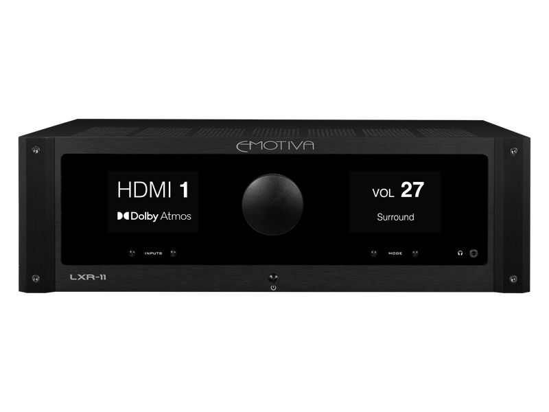 Emotiva LXR-11 AV receiver in black, featuring a digital display screen showing 'HDMI 1 Dolby Atmos' and 'VOL 27 Surround' alongside a central volume knob.