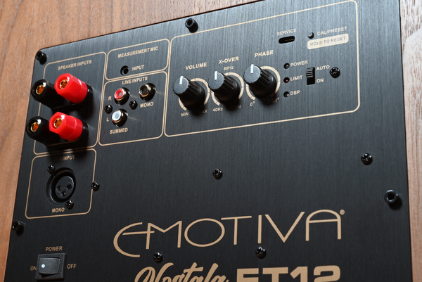 Closeup on the back panel of the Nostala FT12 subwoofer, showing controls, speaker inputs, line inputs, etc