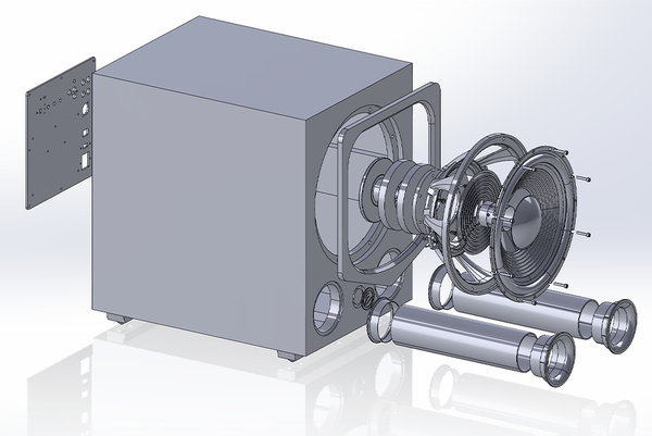 A 3D CAD rendering of a the FT12 enclosure with an exploded view showing the internal driver components, front baffle, and two long cylindrical ports on a light gray gradient background.