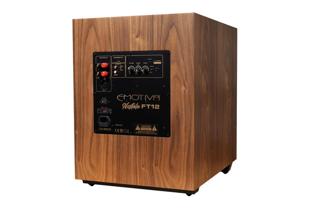 Emotiva Nostala FT12 subwoofer with a wood-grain cabinet and a black control panel, shown on a plain white background.