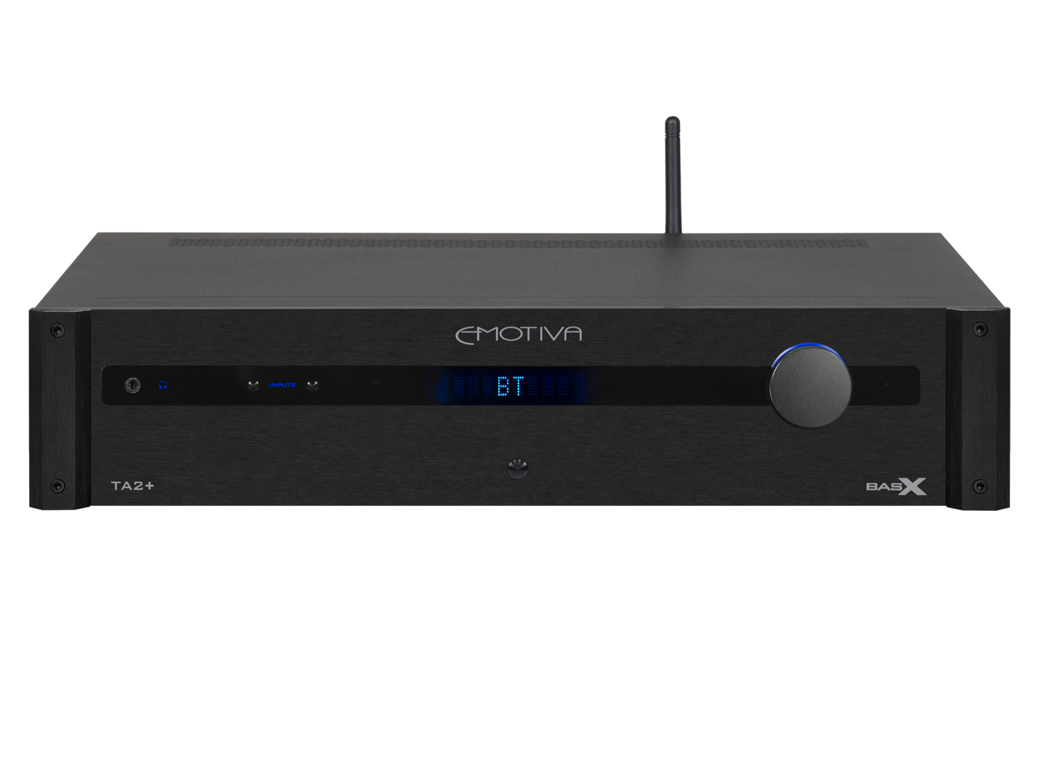 Black audio amplifier with 'Emotiva' branding on a white background