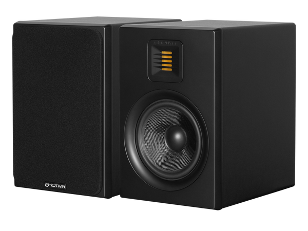 a pair of black Airmotiv XB2 bookshelf speakers, one with a black speaker grill displaying the Emotiva logo on a metal badge