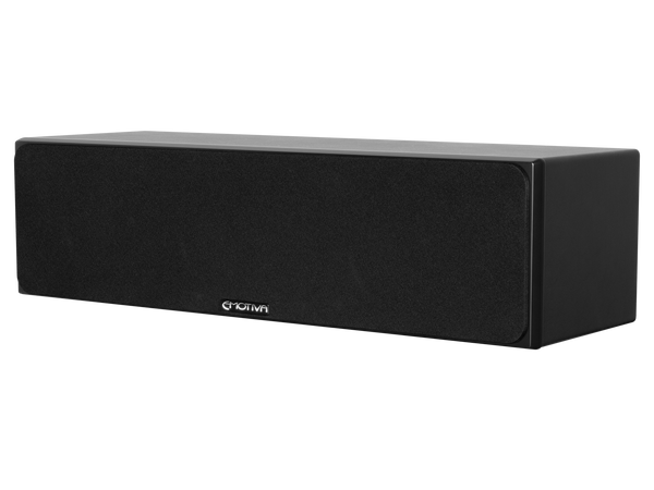 photo of the front of the Airmotiv XC2 center channel speaker with black grill and metal Emotiva badge