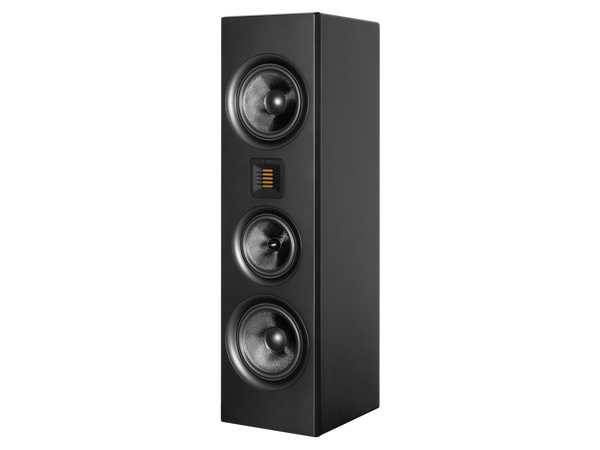 photo of black Airmotiv XC2 loudspeaker rotated upright to act as a tower speaker showcasing rotatable tweeter 