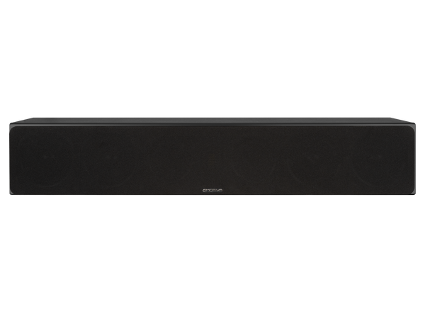 photo of a black Airmotiv XC3 center channel speaker with the grill on, featuring a metal badge with the Emotiva logo