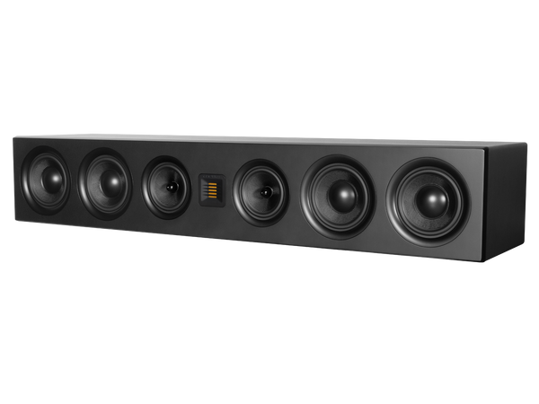 photo of a black Airmotiv XC3 center channel speaker with the grill off, featuring speaker woofers and a rotatable tweeter