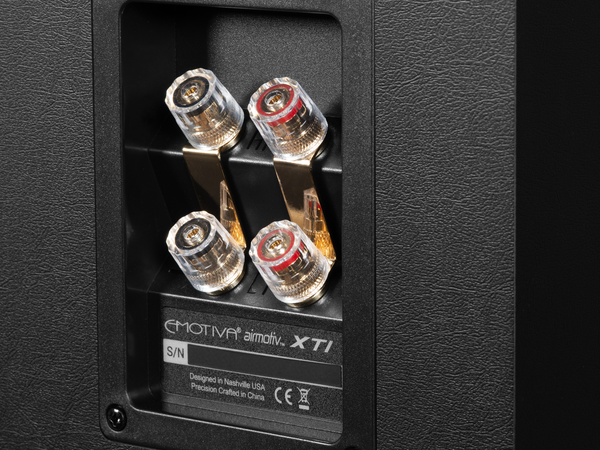 closeup photo of the back of the Airmotiv XT1 floorstanding loudspeaker and it's speaker terminal