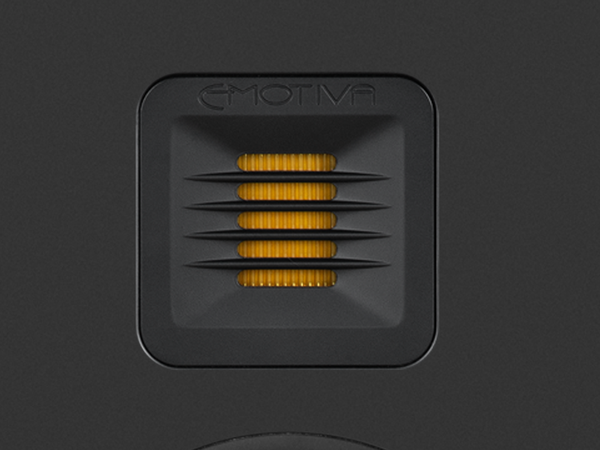 closeup photo of the rotatable tweeter on an Airmotiv XT1 tower loudspeaker with the Emotiva logo