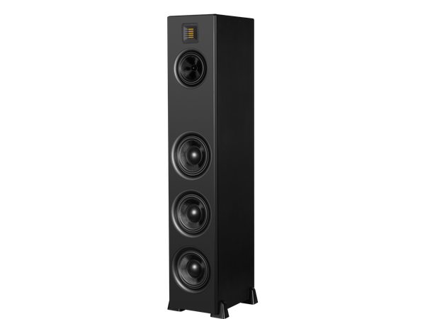a photo of a single black Airmotiv XT2 floorstanding tower loudspeaker