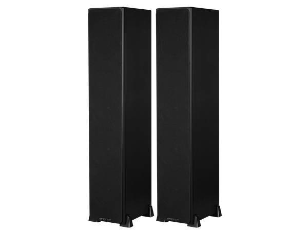 a photo of black Airmotiv XT2 floorstanding loudspeakers with the black speaker grills on, displaying the Emotiva logo on a small metal badge