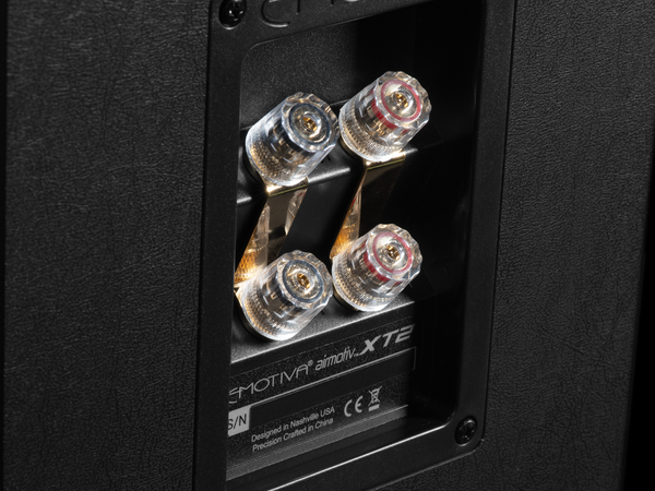 closeup photo of the back of a black Airmotiv XT2 and the speaker terminals