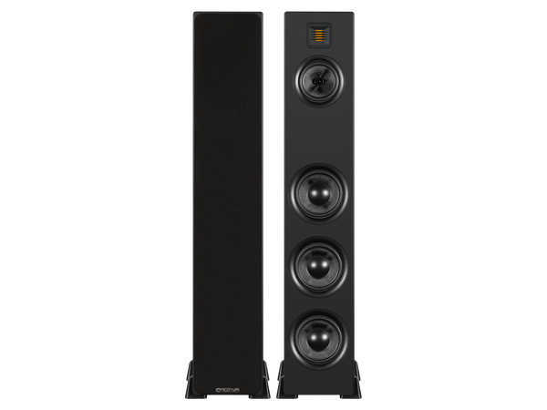 a black pair of Airmotiv XT2 floorstanding loudspeakers, one with a black speaker grill covering the front that displays the Emotiva logo on a metal badge
