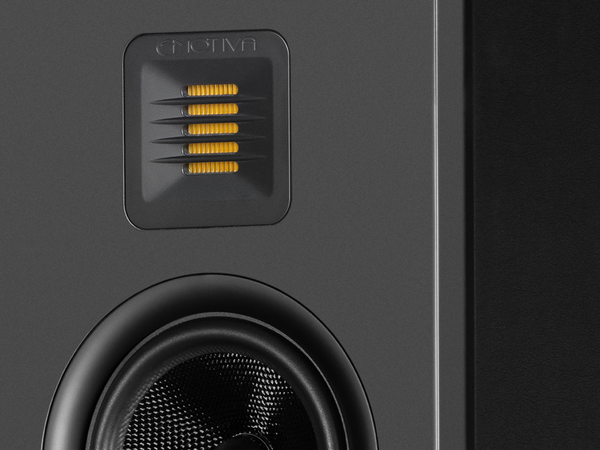 a closeup photo of the black Airmotiv XT2 floorstanding loudspeaker, featuring the rotatable tweeter