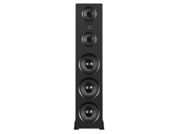 photo of the front of a single black Airmotiv XT3 floorstanding loudspeakers